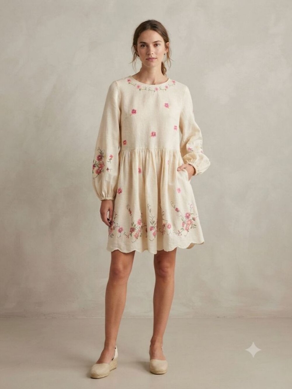 Caroline Constas Embroidered Linen-Blend Mini Shift Long Sleeve Dress Size M NWT